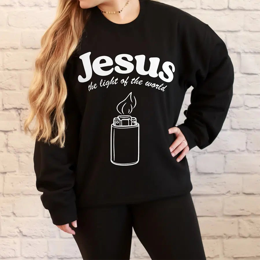 Womens Model Wearing Black Jesus The Light Of The World Sweatshirt