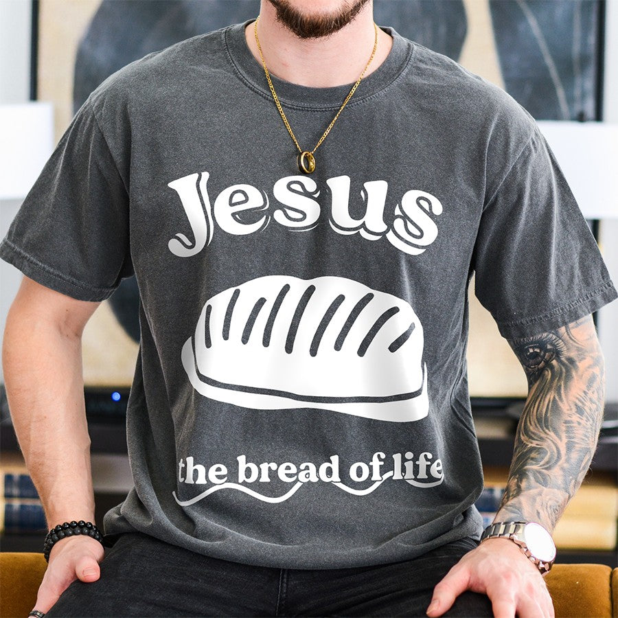 Mens Model Wearing Pepper Jesus The Bread of Life Unisex Tee