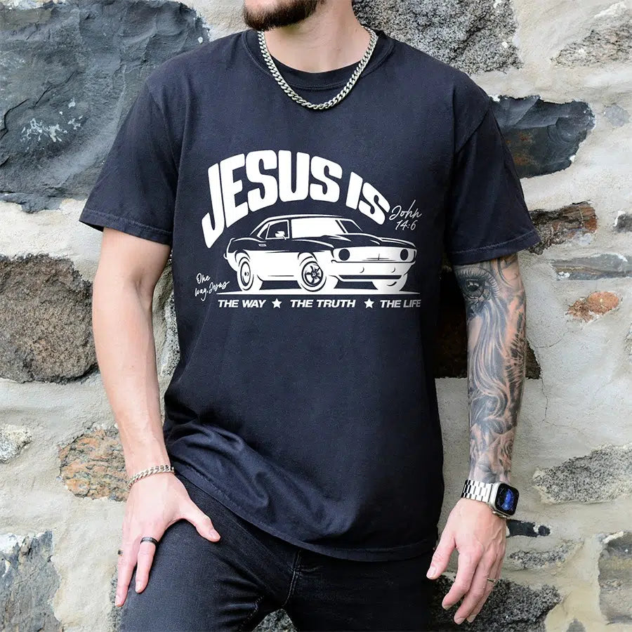 Mens Model Wearing Black Jesus The Way The Truth The Life Tee