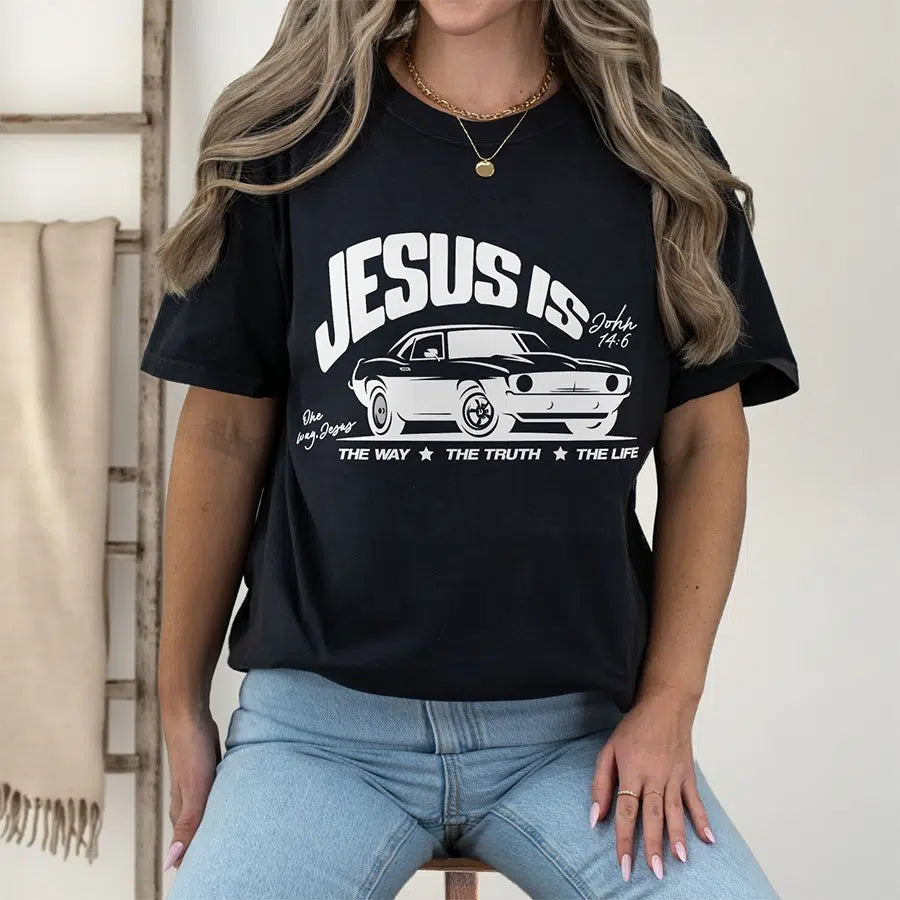 Womens Model Wearing Black Jesus The Way The Truth The Life Tee