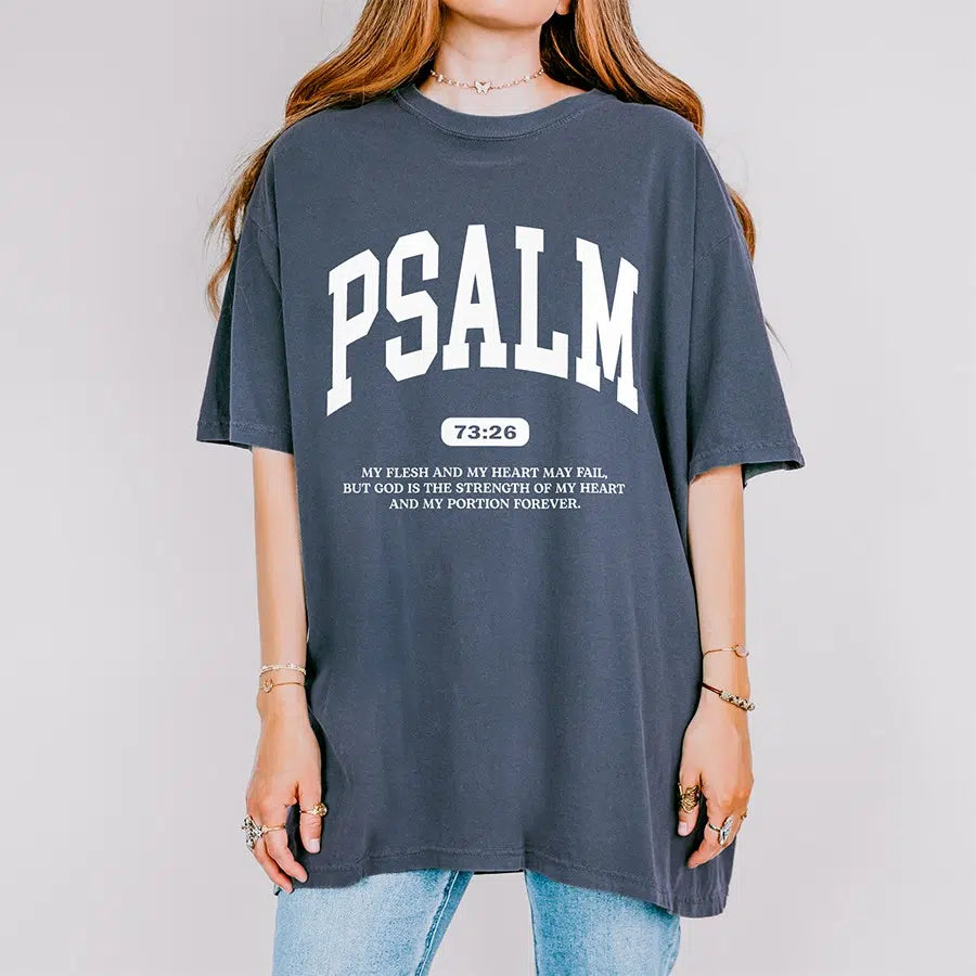 Womens Model Wearing Denim PSALM 73 26 Tee