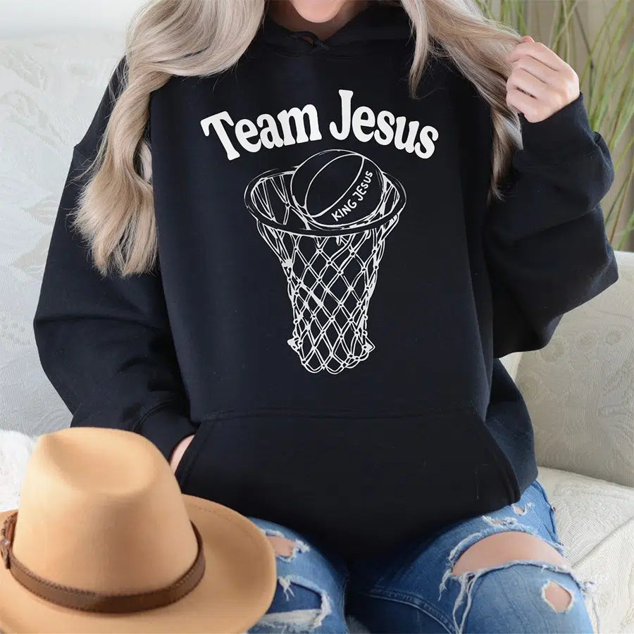 Womens Model Wearing Black Team Jesus Unisex Christian Hoodie