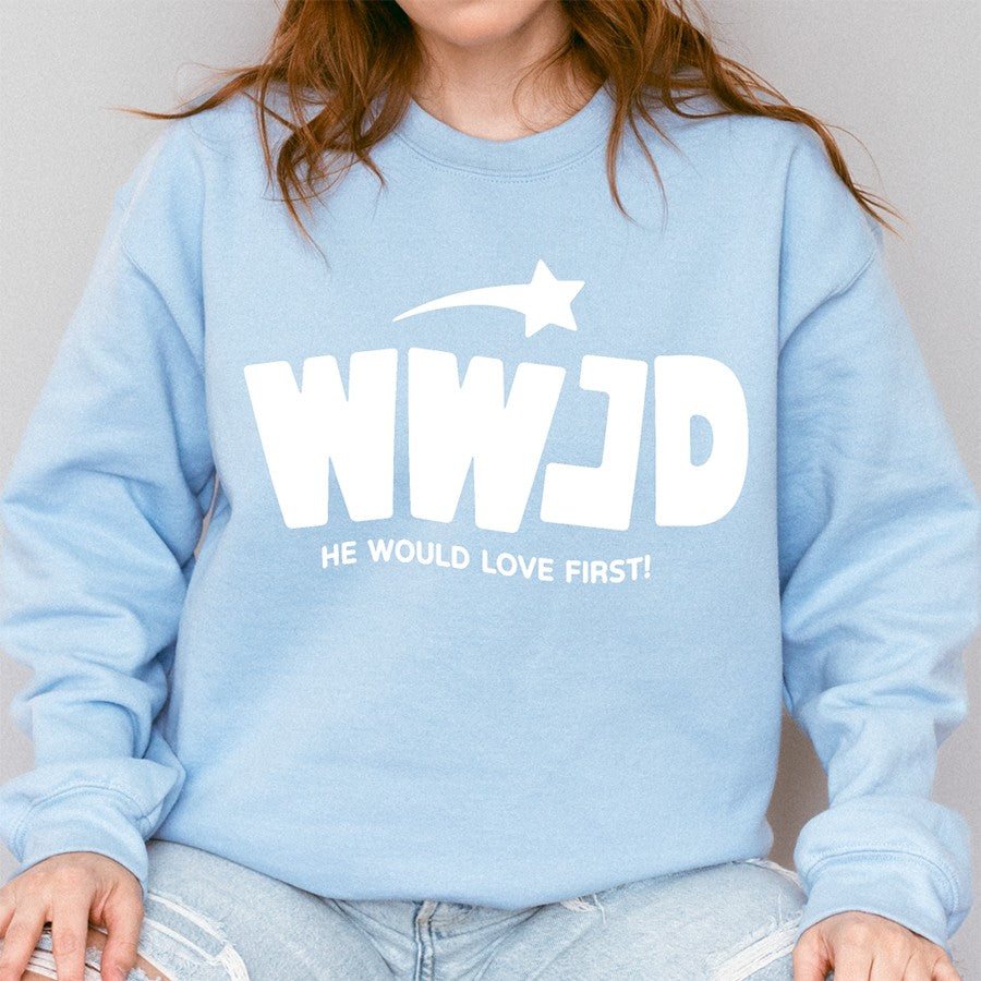 WWJD He Would Love First Unisex Sweatshirt in light blue color