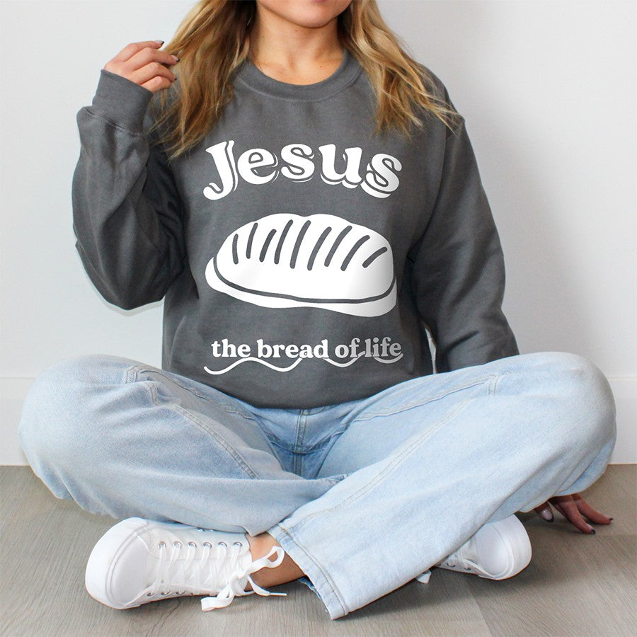 Womens Model Wearing Charcoal Jesus The Bread of Life Unisex Sweatshirt