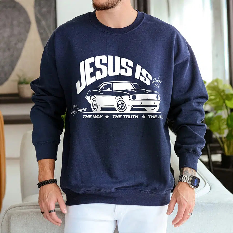 Mens Model Wearing Navy Jesus The Way The Truth The Life Unisex Sweatshirt
