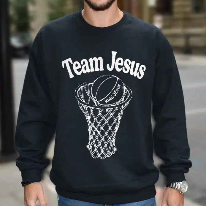 Mens Model Wearing Black Team Jesus Sweatshirt