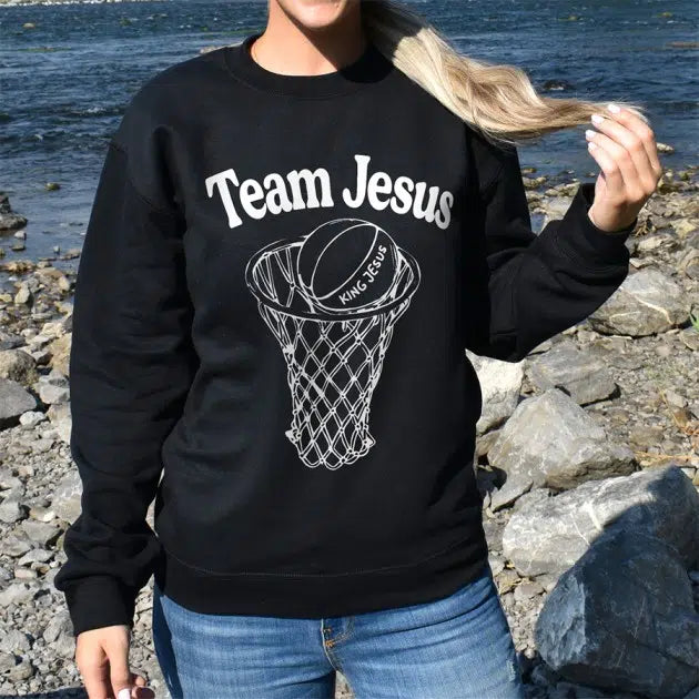 Womens Model Wearing Black Team Jesus Sweatshirt