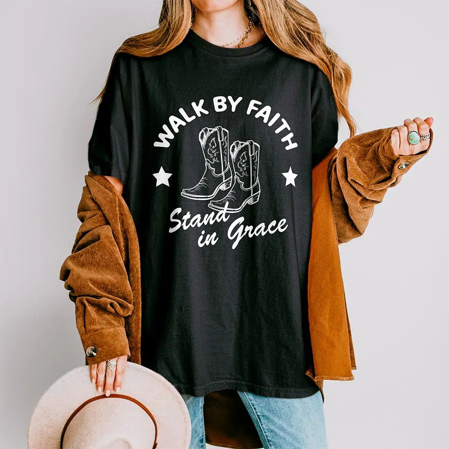 Walk By Faith Stand in Grace Unisex Tee in black color