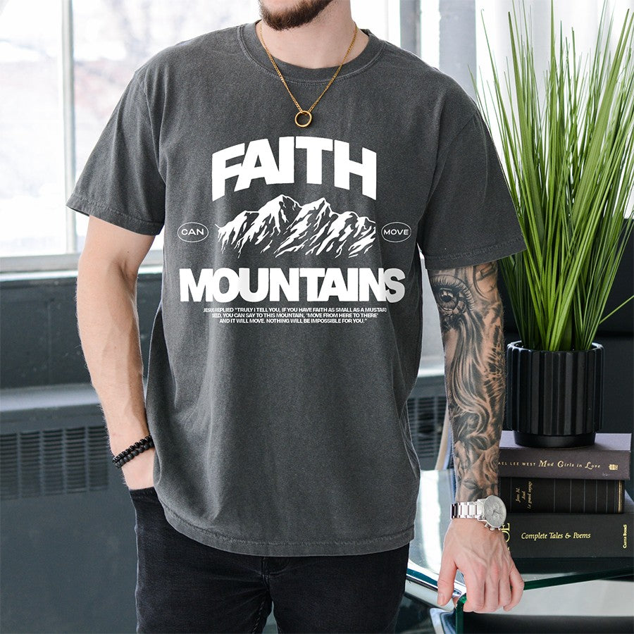 Mens Model Wearing Pepper Faith Can Move Mountains Unisex Tee