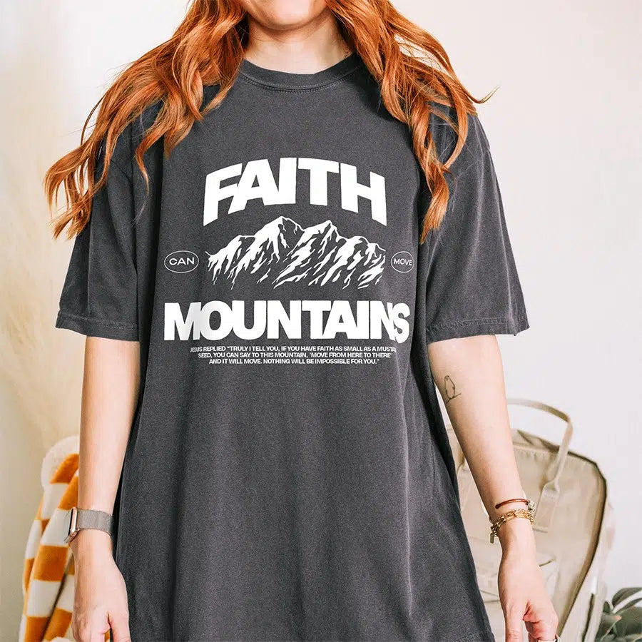 Womens Model Wearing Pepper Faith Can Move Mountains Tee