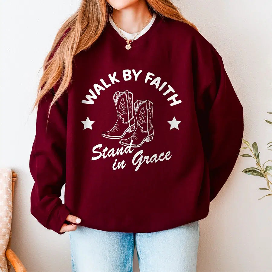 Womens Model Wearing Maroon Walk by Faith Stand in Grace Sweatshirt