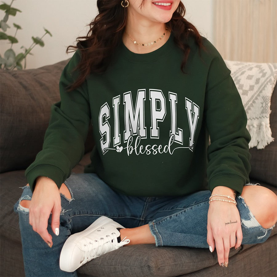 Womens Model Wearing Forest Simply Blessed Unisex Sweatshirt