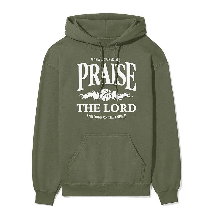 Praise The Lord and Dunk on the Enemy Unisex Hoodie in Military Green color