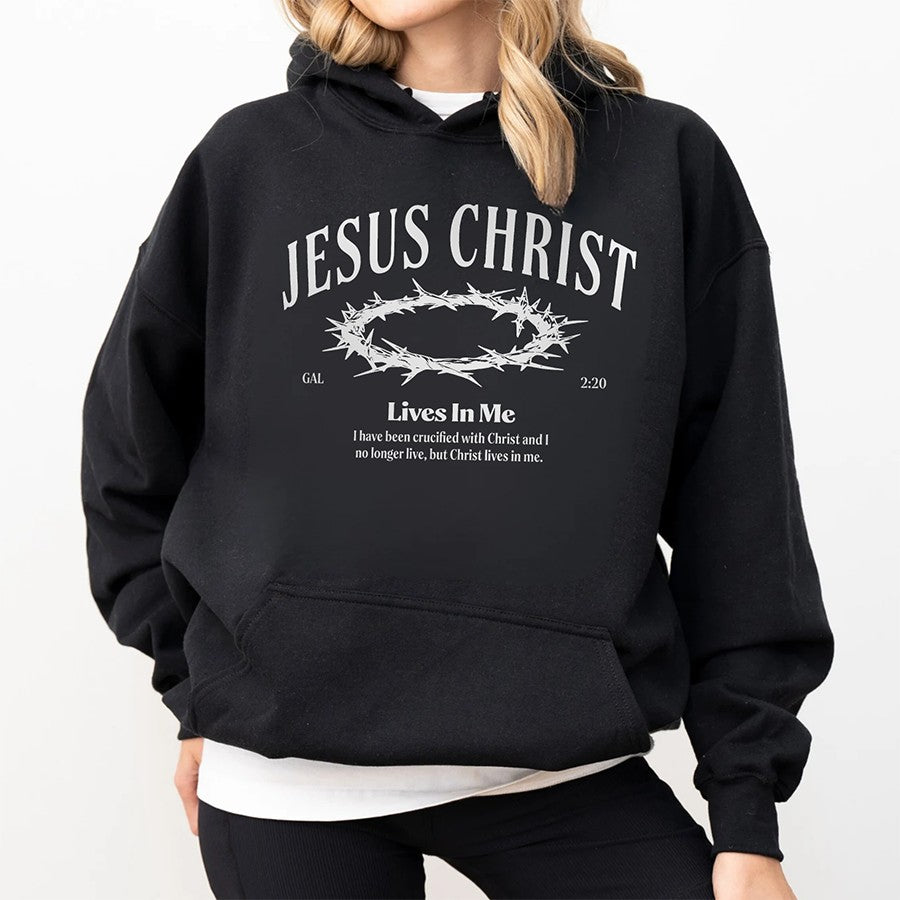 Womens Model Wearing Black Jesus Christ Lives In Me Unisex Hoodie