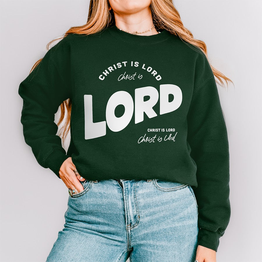 Womens Model Wearing Forest Christ is Lord Unisex Sweatshirt