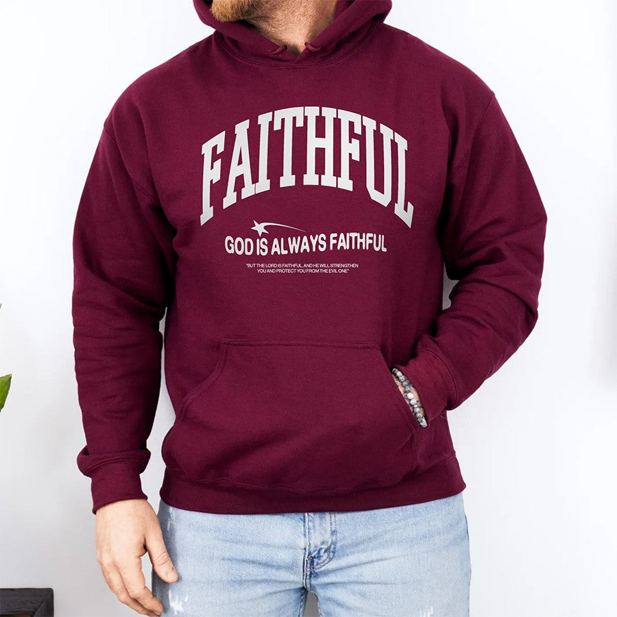 Mens Model Wearing Maroon God is Always Faithful Unisex Hoodie