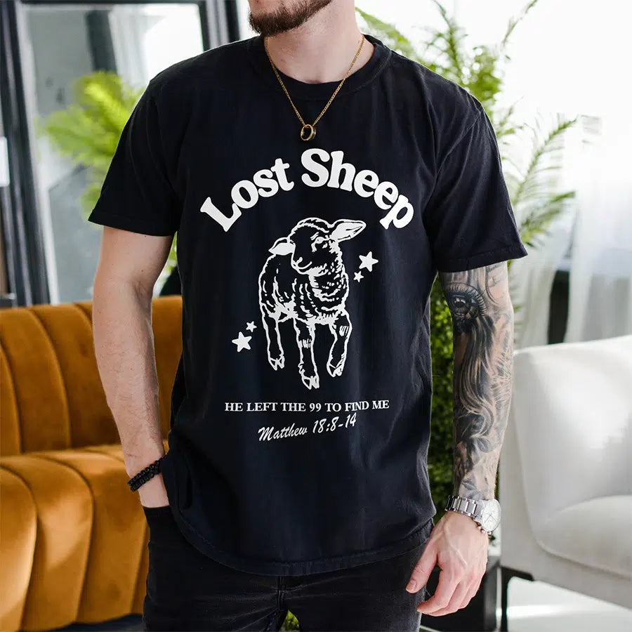 Mens Model Wearing Black Lost Sheep Tee