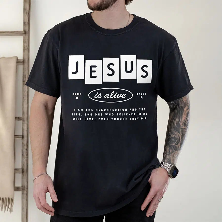 Mens Model Wearing Black Jesus is Alive Tee