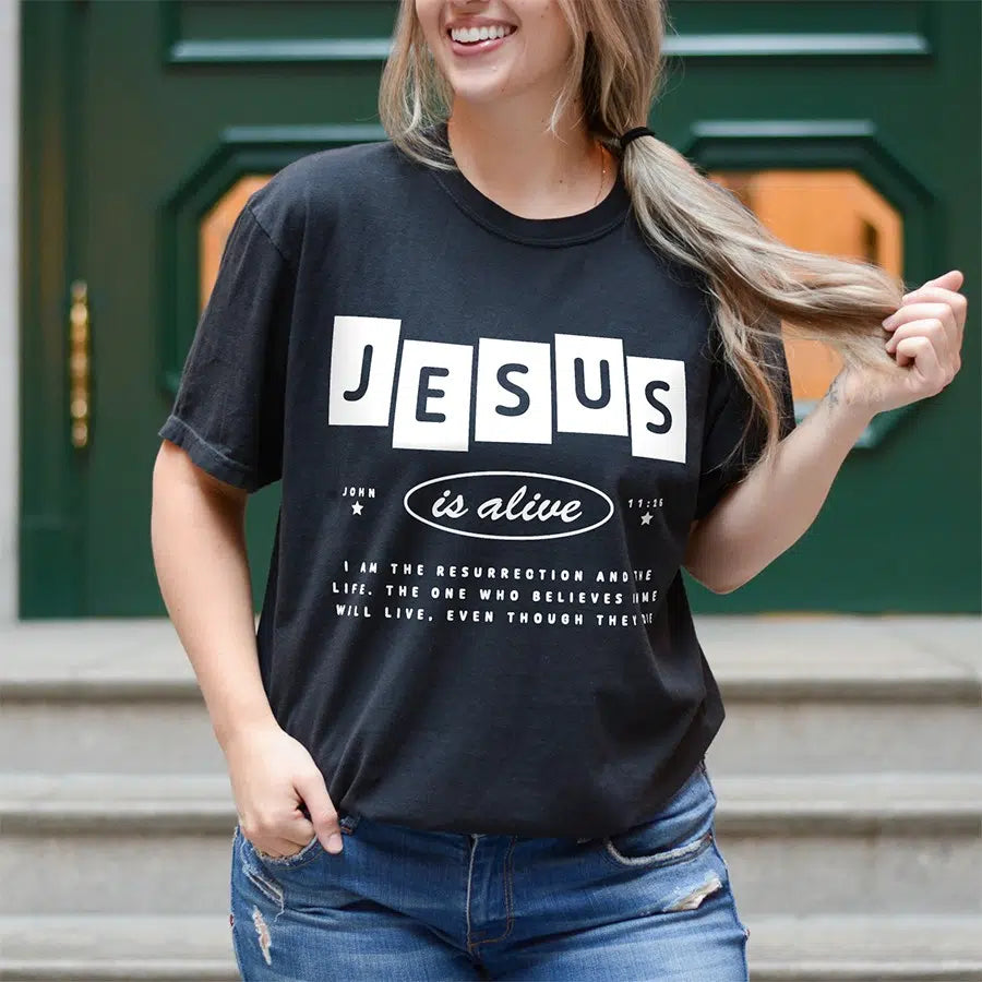 Womens Model Wearing Black Jesus is Alive Tee