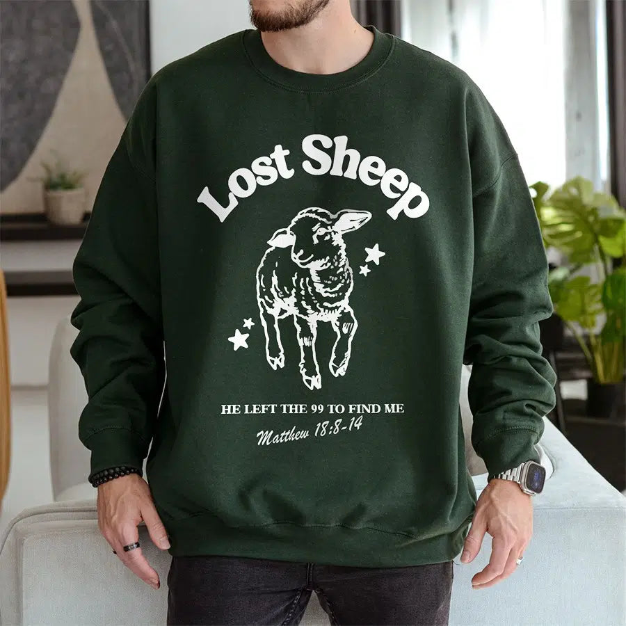 Mens Model Wearing Forest Lost Sheep Unisex Christian Sweatshirt