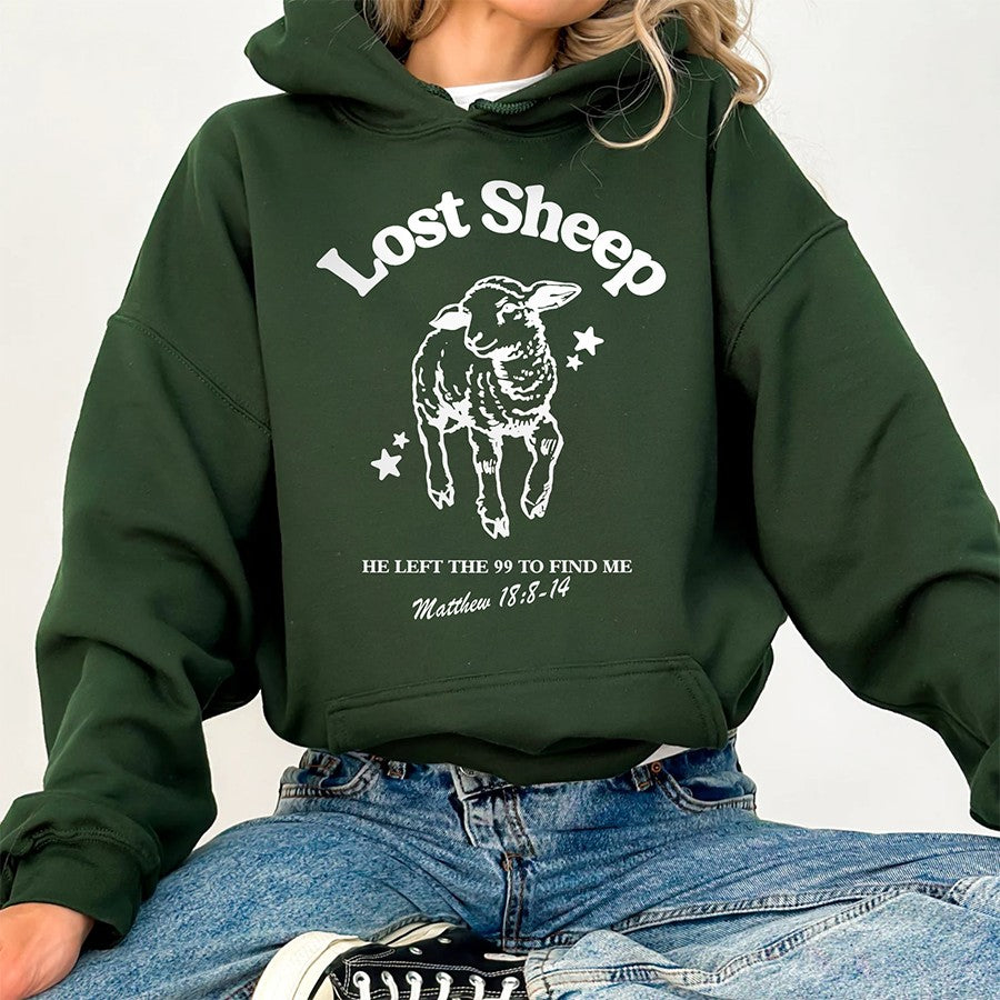 Womens Model Wearing Forest Lost Sheep Unisex Hoodie