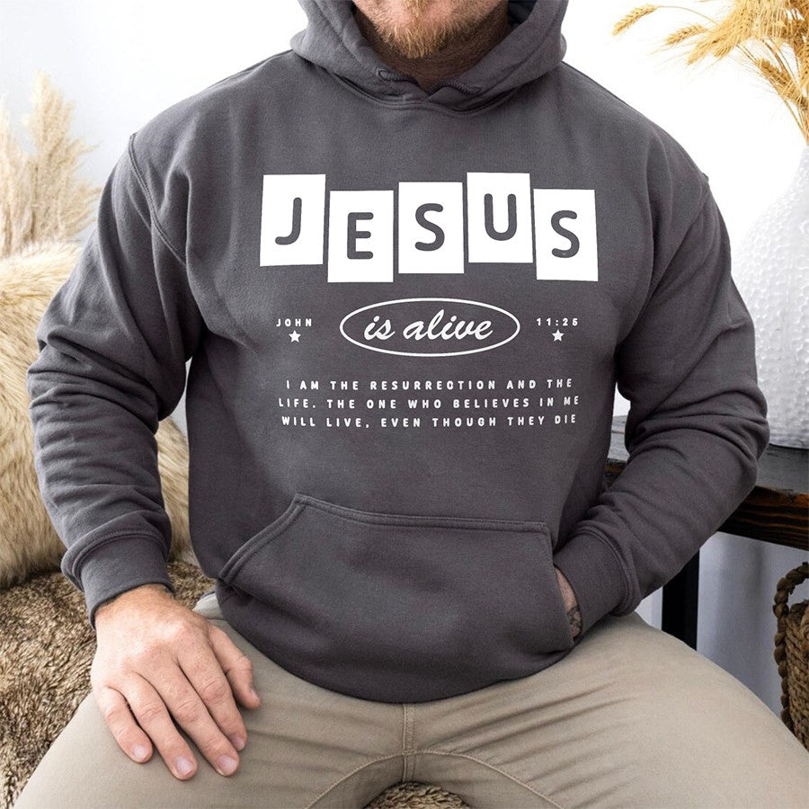 Mens Model Wearing Charcoal Jesus is Alive Unisex Hoodie