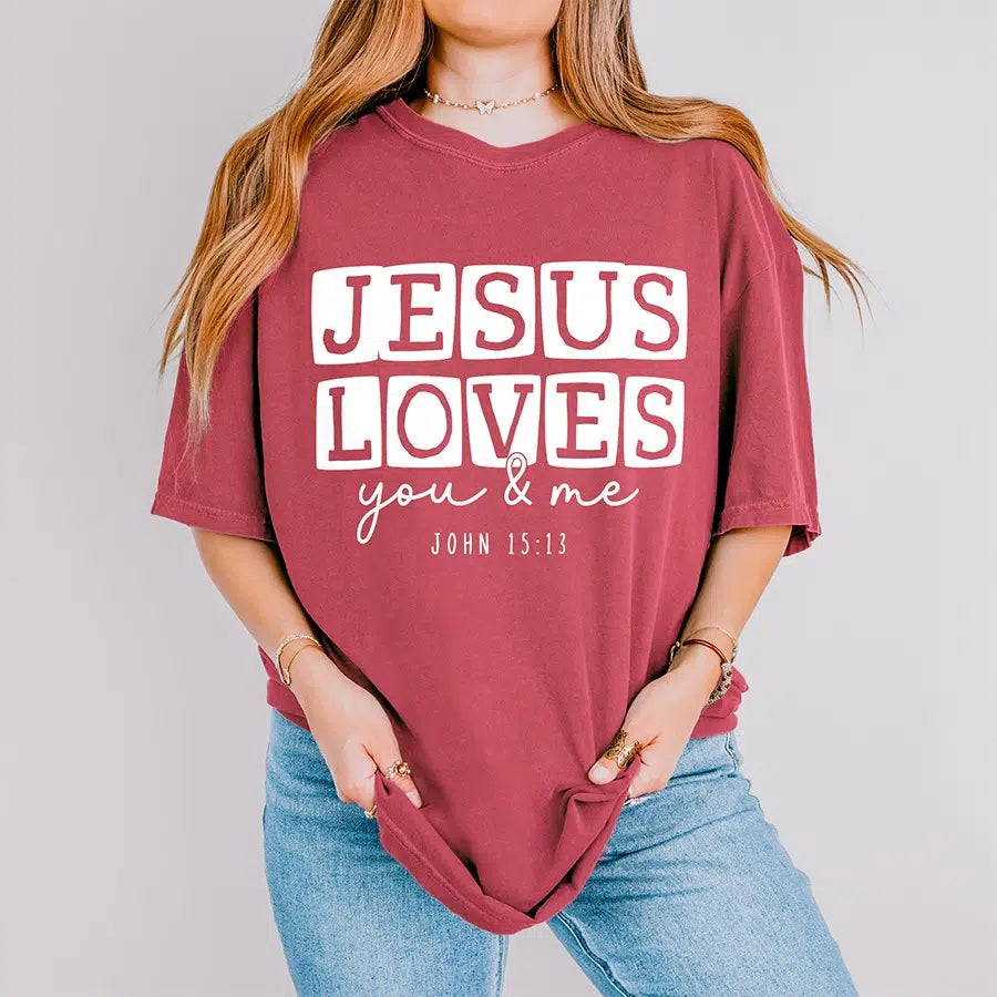 Womens Model Wearing Crimson Jesus Loves You & Me Unisex Tee