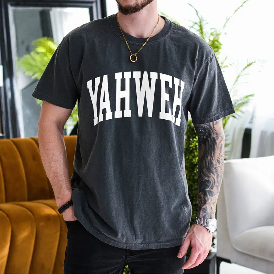 Mens Model Wearing Pepper Yahweh Unisex Christian Tee Shirt