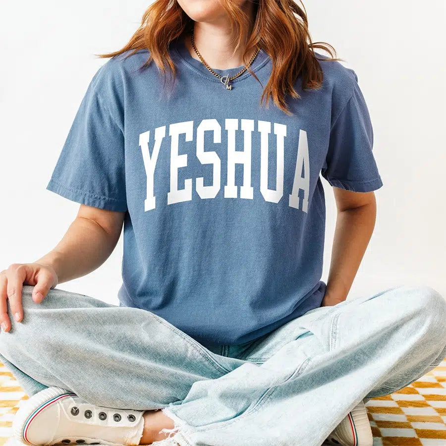Womens Model Wearing Blue Jean Yeshua Unisex Christian Tee