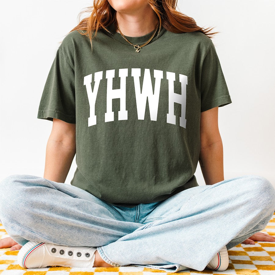 Womens Model Wearing Moss YHWH Unisex Tee