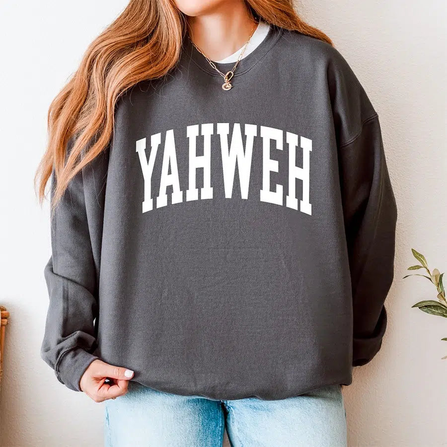 Womens Model Wearing Charcoal Yahweh Unisex Christian Sweatshirt