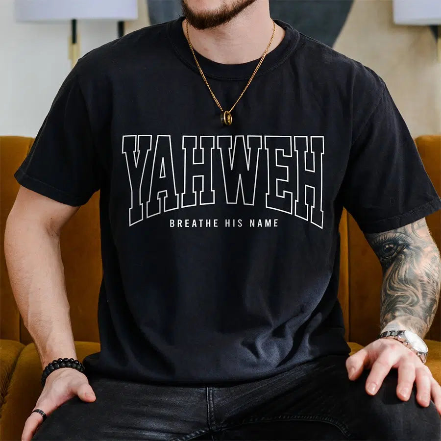 Mens Model Wearing Black Yahweh Breathe His Name Unisex tee