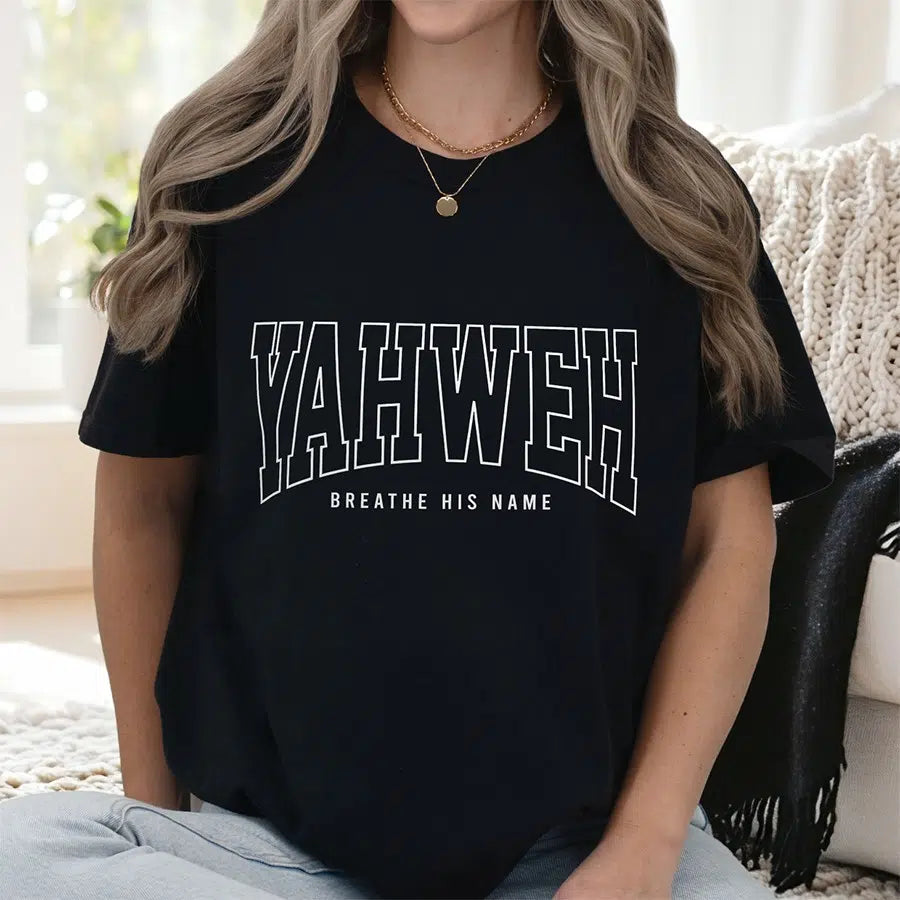 Womens Model Wearing Black Yahweh Breathe His Name Unisex tee (1)