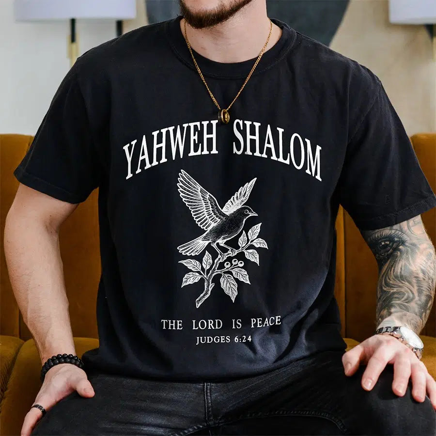Mens Model Wearing Black Yahweh Shalom Tee