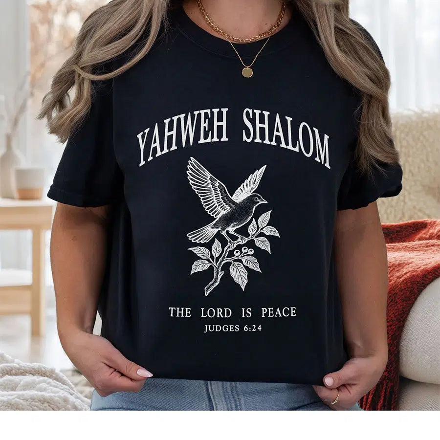Womens Model Wearing Black Yahweh Shalom Tee