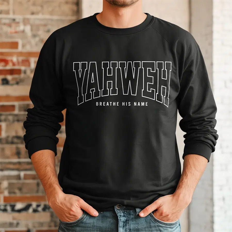Mens Model Wearing Black Yahweh Breathe His Name Unisex Sweatshirt