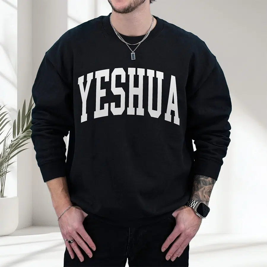 Mens Model Wearing Black Yeshua Unisex Christian Sweatshirt