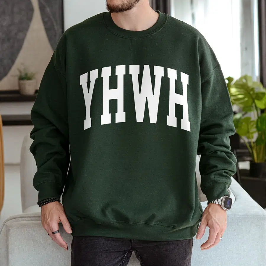 Mens Model Wearing Forest YHWH Unisex Christian sweatshirt
