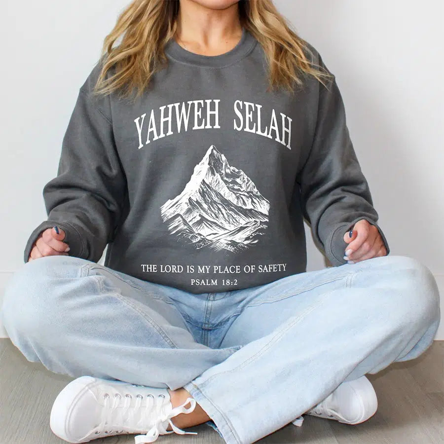 Womens Model Wearing Charcoal Yahweh Selah Unisex Sweatshirt