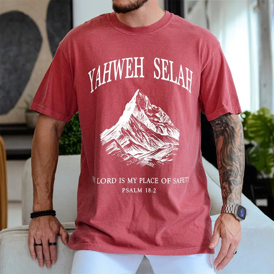 Mens Model Wearing Crimson Yahweh Selah Unisex Tee