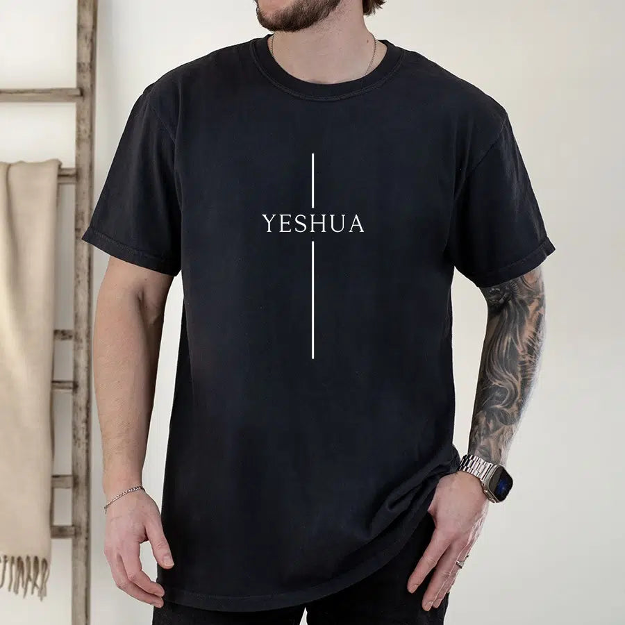 Mens Model Wearing Black Yeshua Cross Unisex Tee