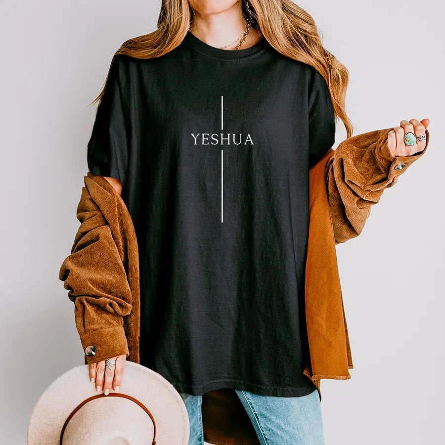 Womens Model Wearing Black Yeshua Cross Unisex Tee