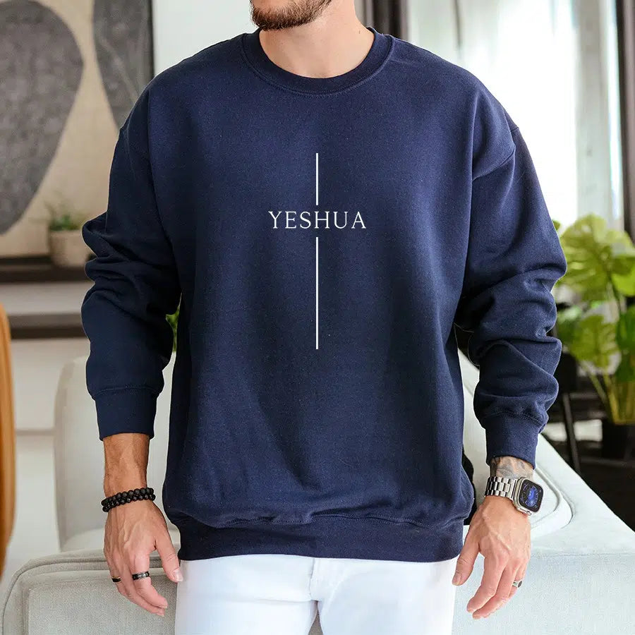 Mens Model Wearing Navy Yeshua Cross Unisex sweatshirt