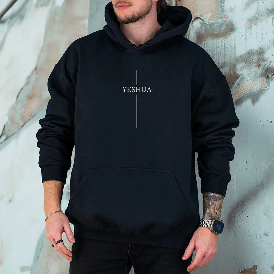 Mens Model Wearing Black Yeshua Cross Unisex Hoodie