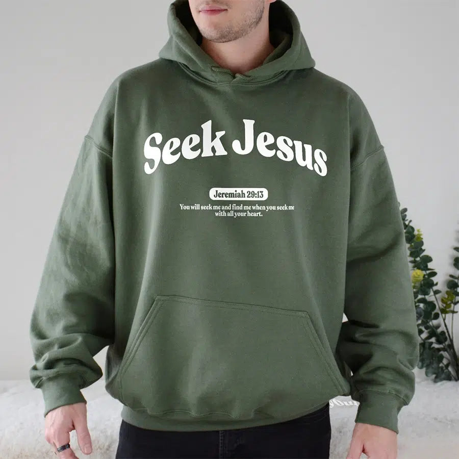 Mens Model Wearing Military Green Seek Jesus Unisex Hoodie