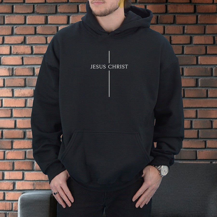 Mens Model Wearing Black Jesus Christ Cross Unisex Hoodie