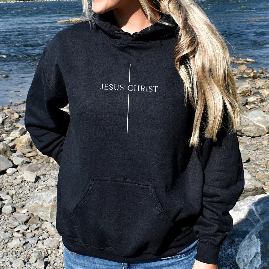 Womens Model Wearing Black Jesus Christ Cross Unisex Hoodie