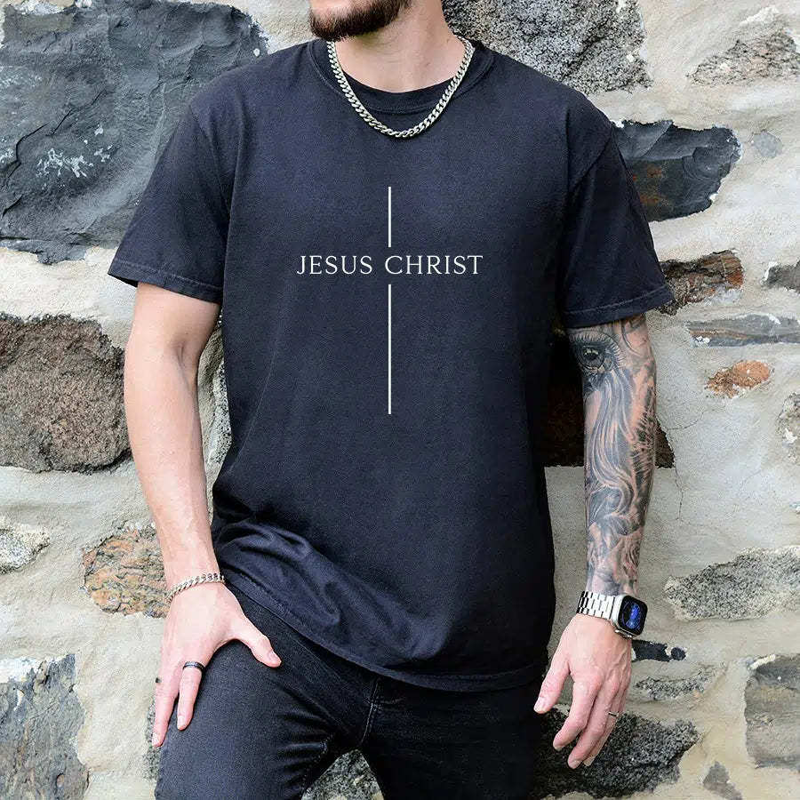 Mens Model Wearing Black Jesus Christ Cross Unisex Tee