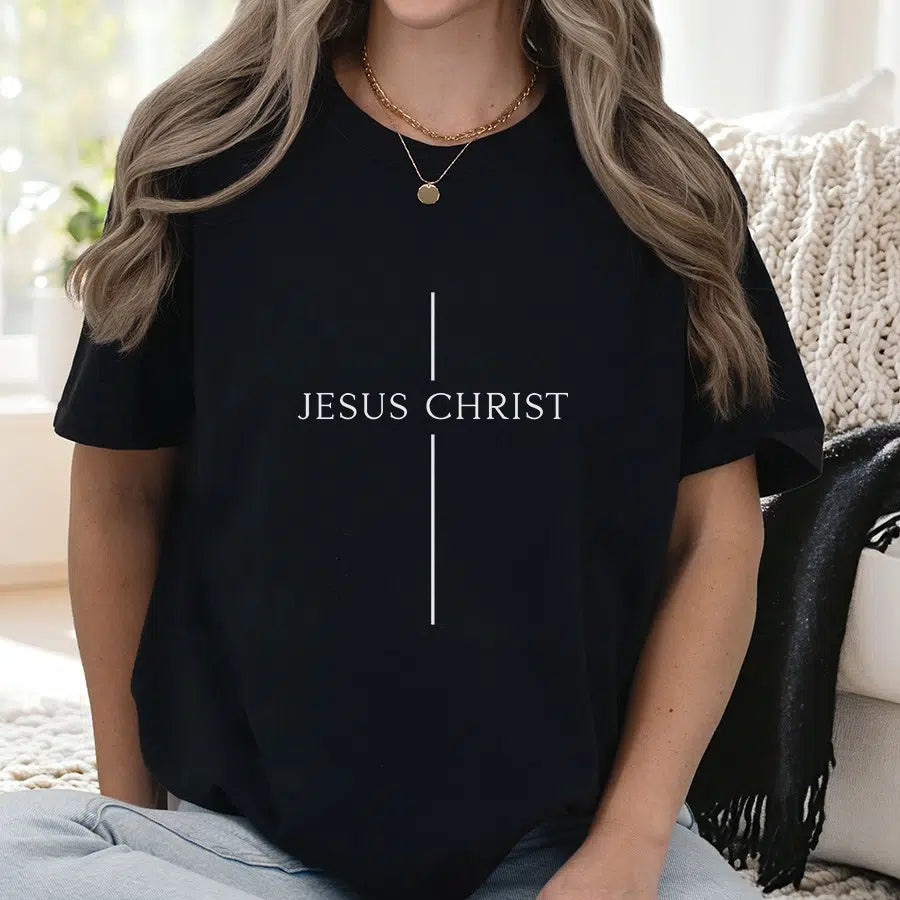Womens Model Wearing Black Jesus Christ Cross Unisex Tee