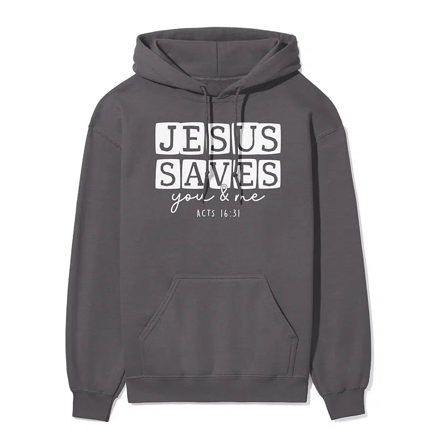 Jesus saves you & me unisex hoodie in charcoal color